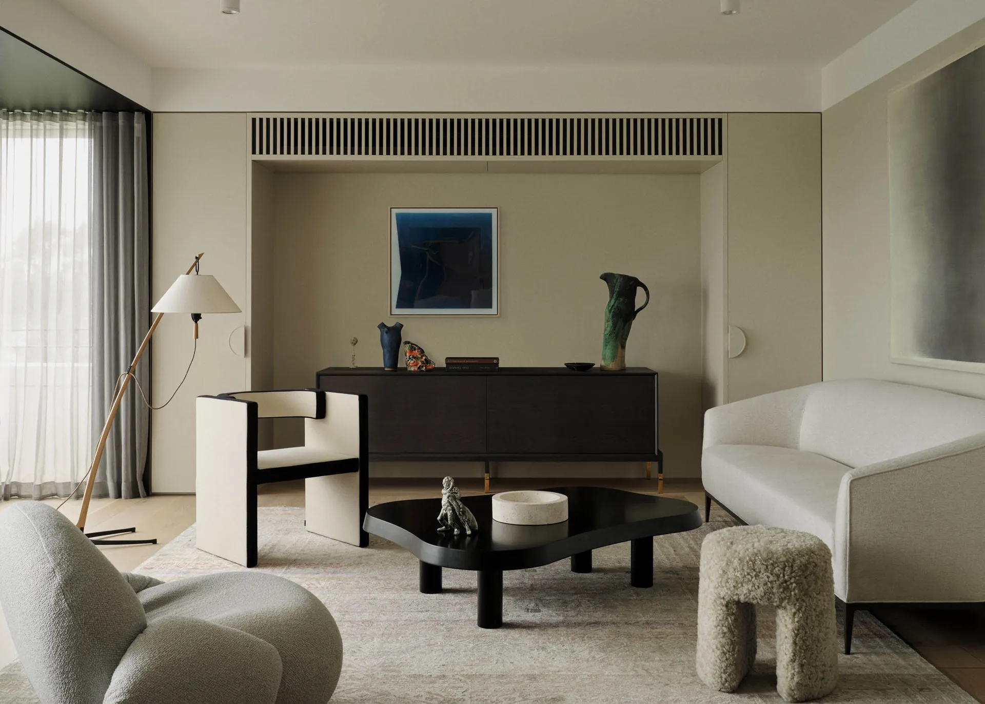 A minimalist residential interior featuring fabric, wood, stone, and ceramic materials.