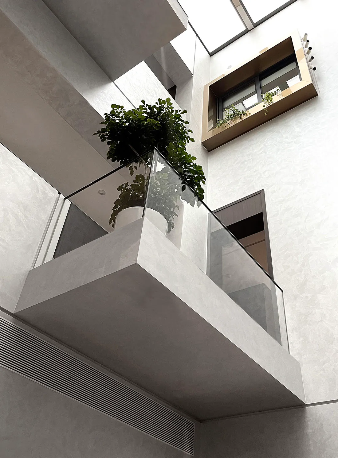 A minimalist interior designed with concrete elements.