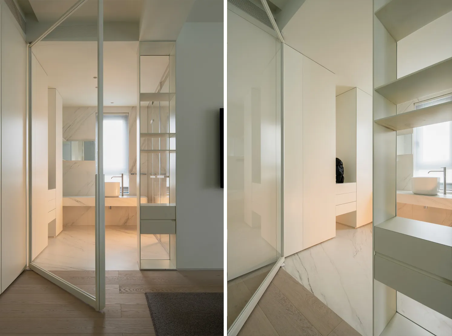 Modern minimalist living room featuring glass walls and marble finishes