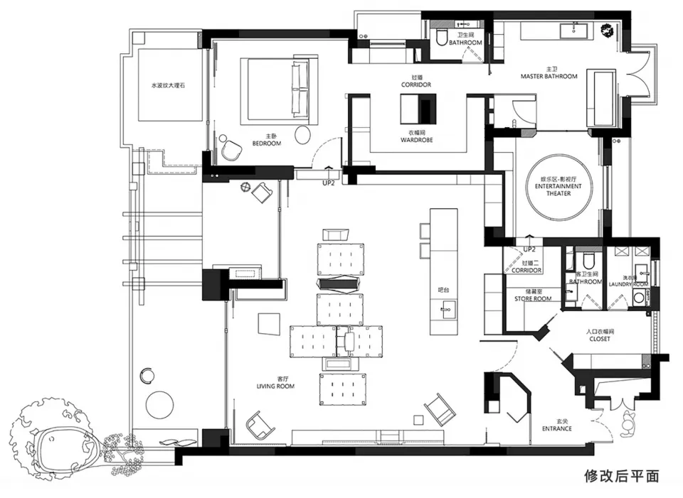 Floor plan of a modern, open-plan interior design focused on spatial efficiency and contemporary aesthetics.