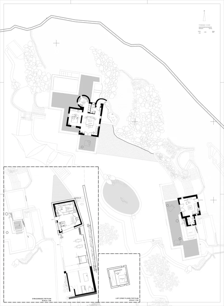 Blueprint-style floor plan of a modern house with a weather vane feature.
