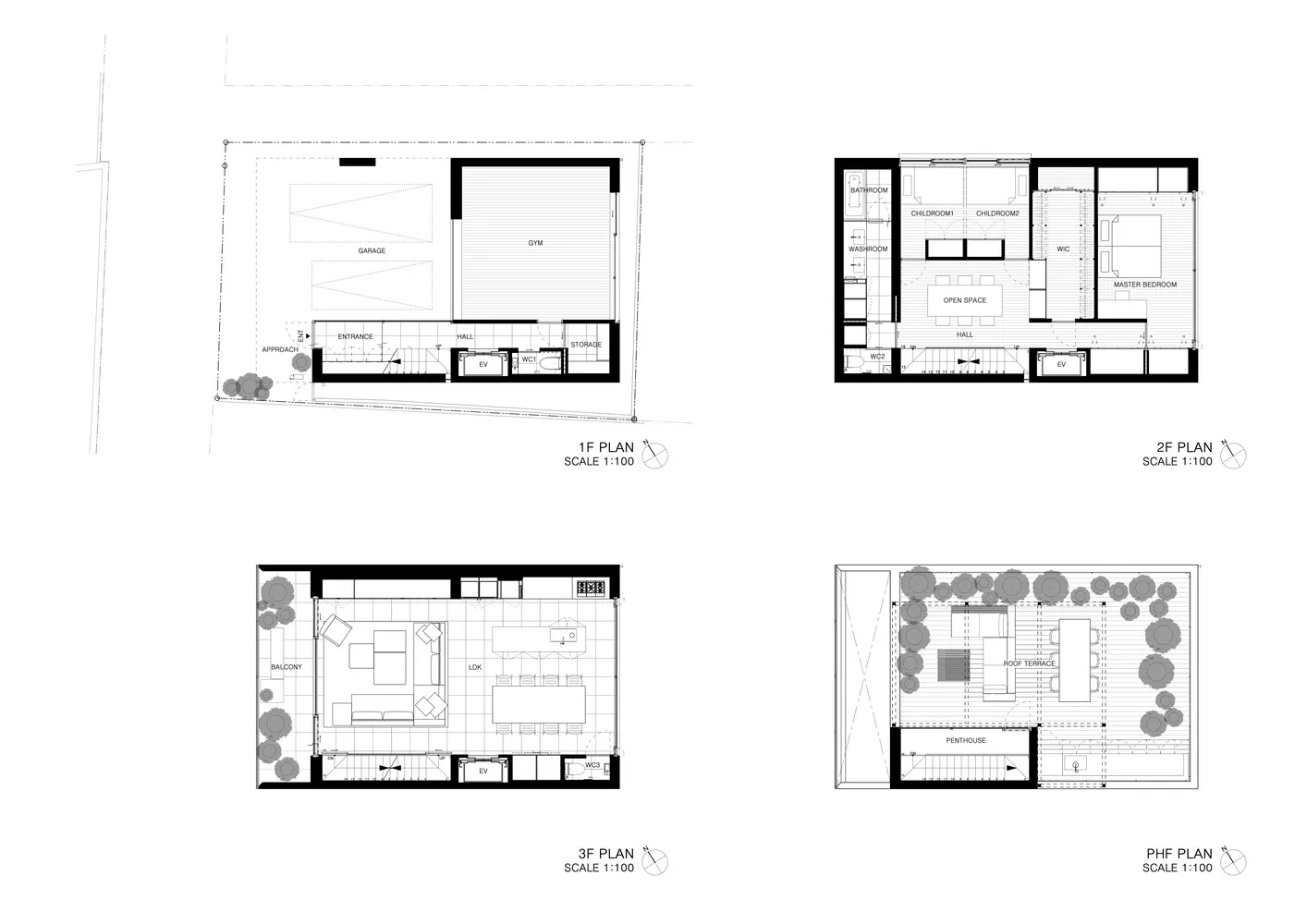 Floor plans of a modern residential interior designed with concrete.