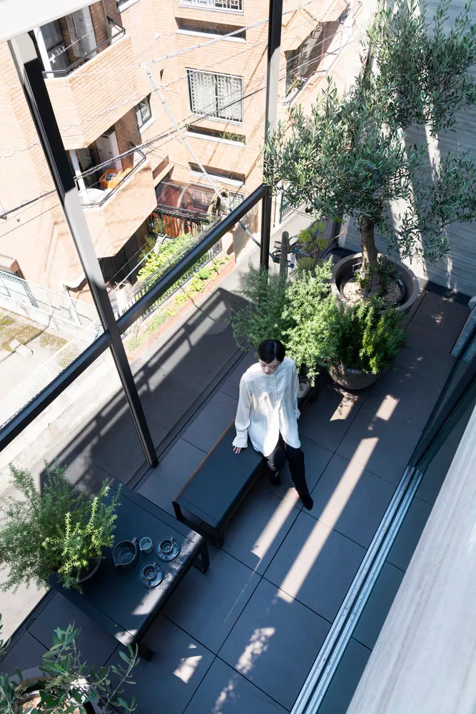 A minimalist apartment space featuring a living area with concrete flooring, potted plants, and a glass wall.