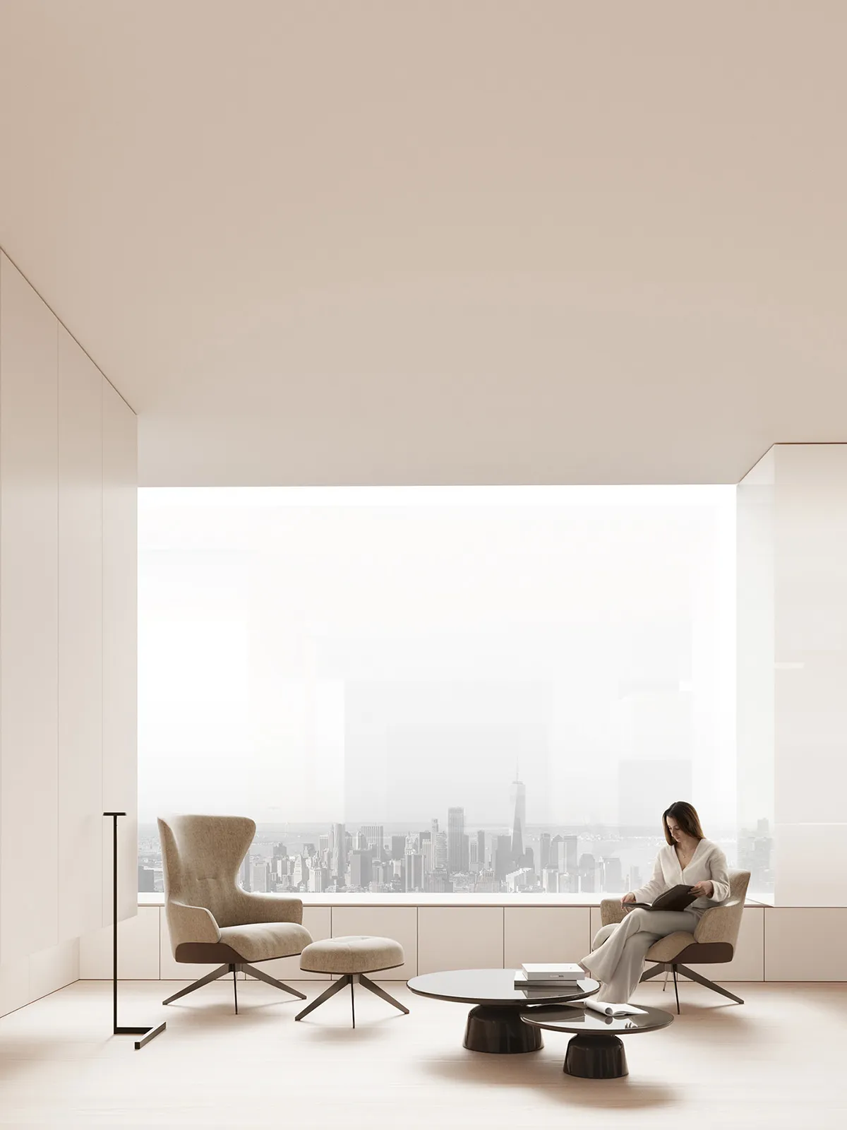Modern minimalist living room with a large window view of a cityscape.