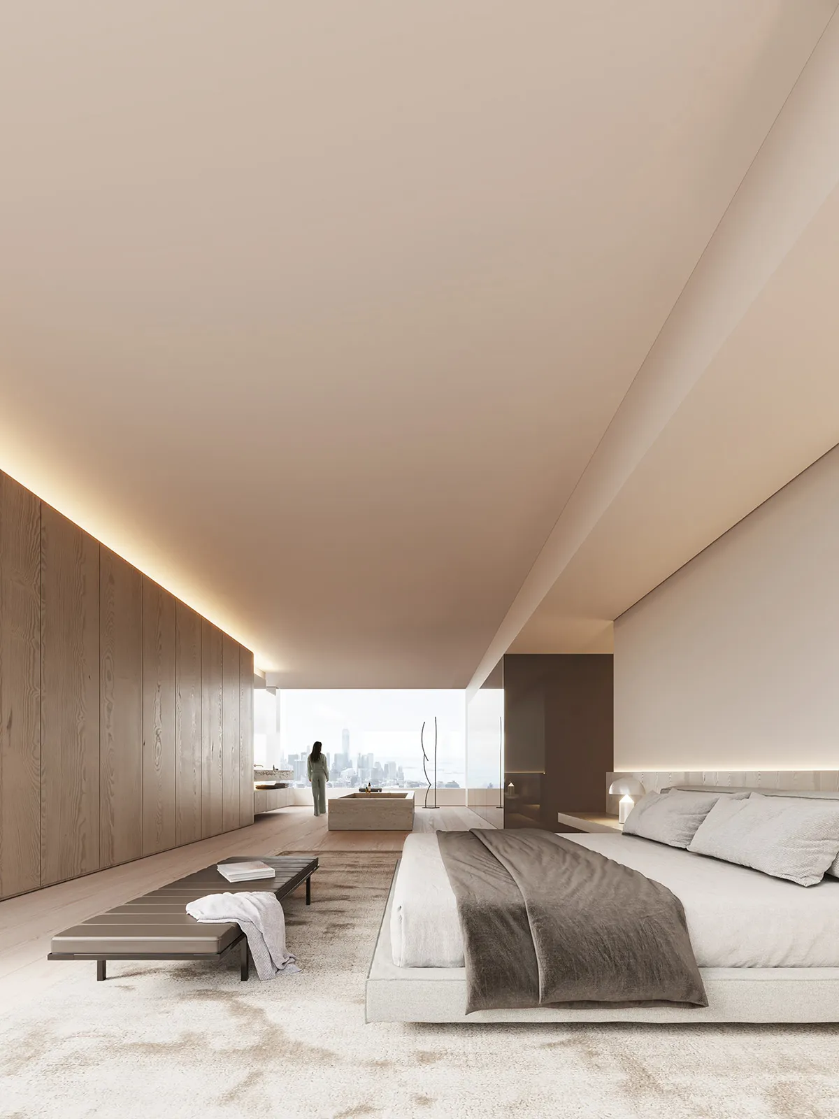 Modern bedroom suite featuring a cozy bed with a gray and white duvet, a wooden bench on a beige rug, and a contemporary ligh