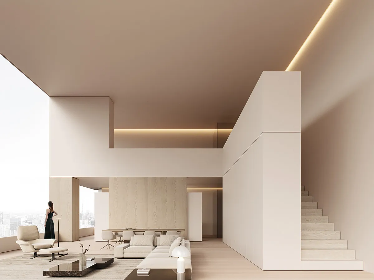 A contemporary, minimalist interior with neutral tones and open space.