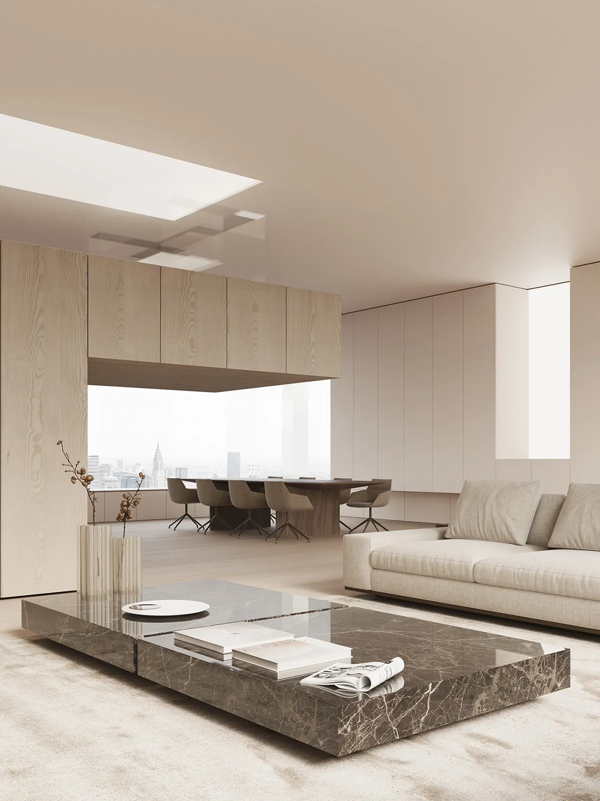 A modern living room with minimalist design, featuring a large marble coffee table, a sofa, and a combination of wood and mar