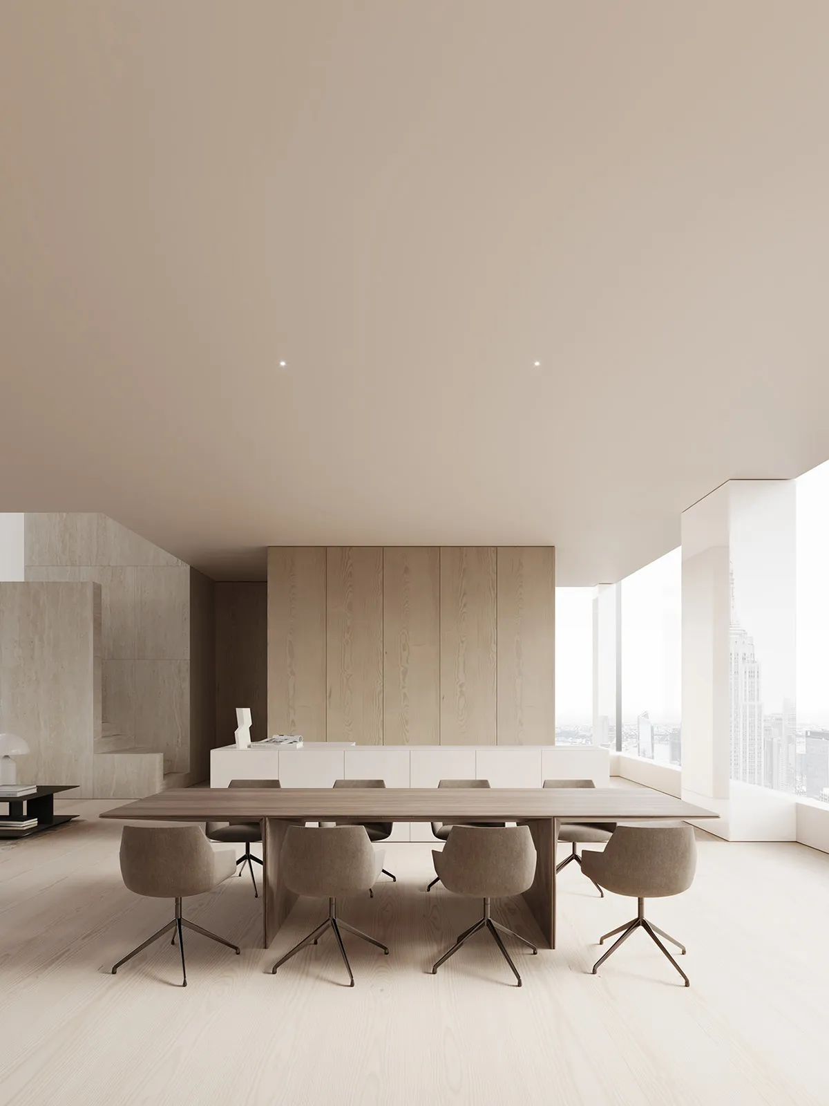 A modern minimalist meeting room with a wooden table and chairs, featuring a minimalist aesthetic with wood material.