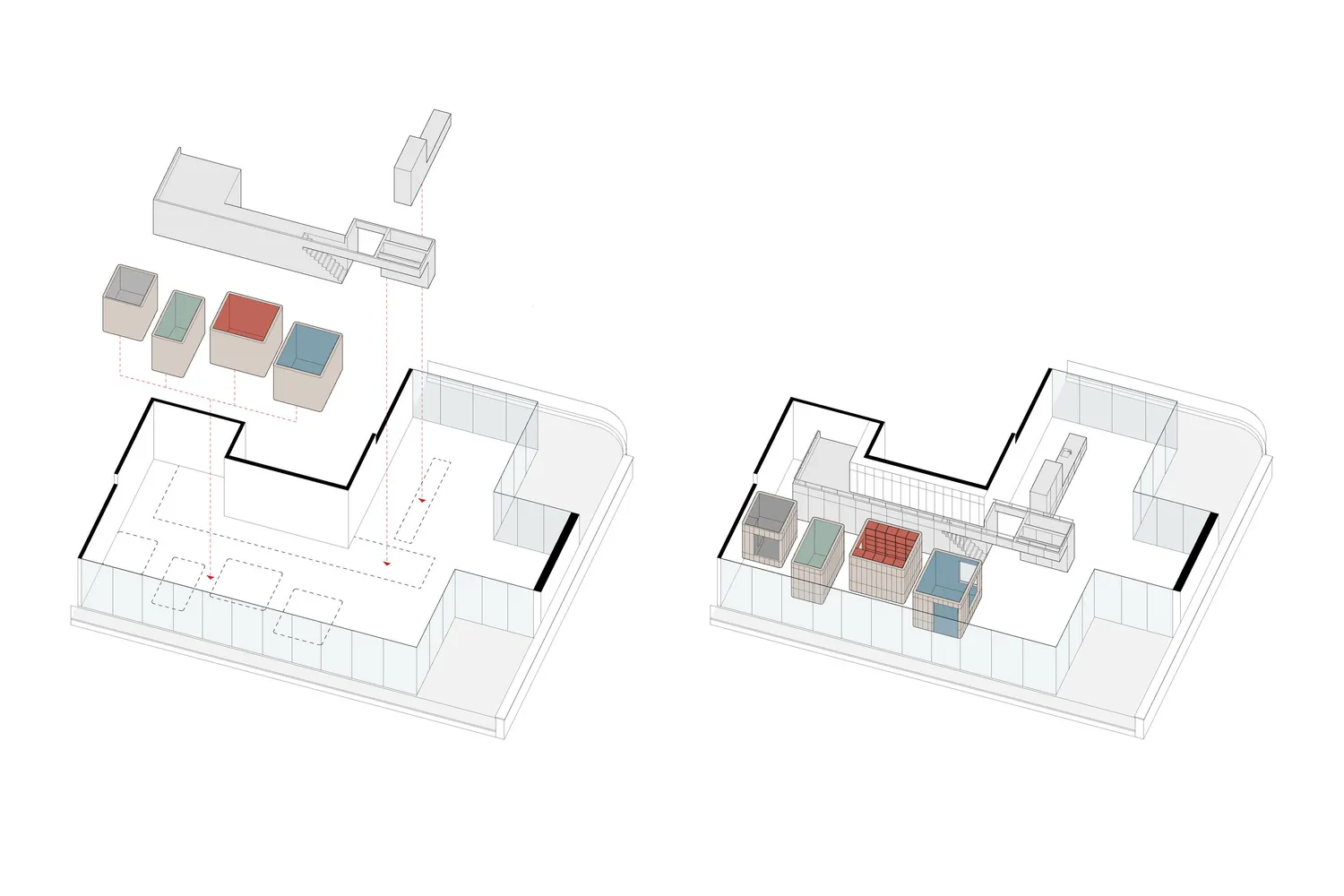 現代辦公室室內的2D建築圖,搭配玻璃牆並清楚呈現平面配置。