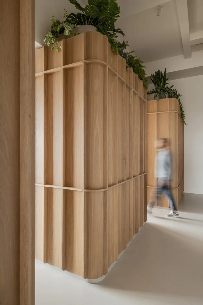 A modern office space featuring minimalist design and natural wood elements.