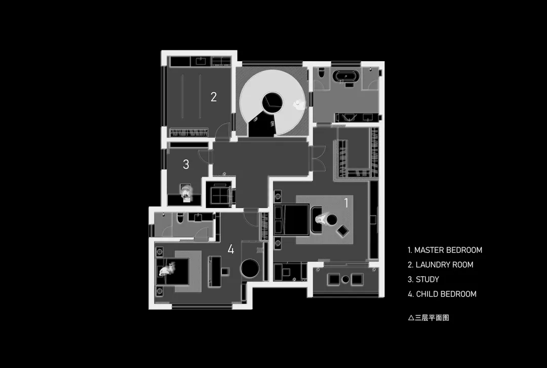 現代住宅空間的平面圖,展示房間與空間的配置。