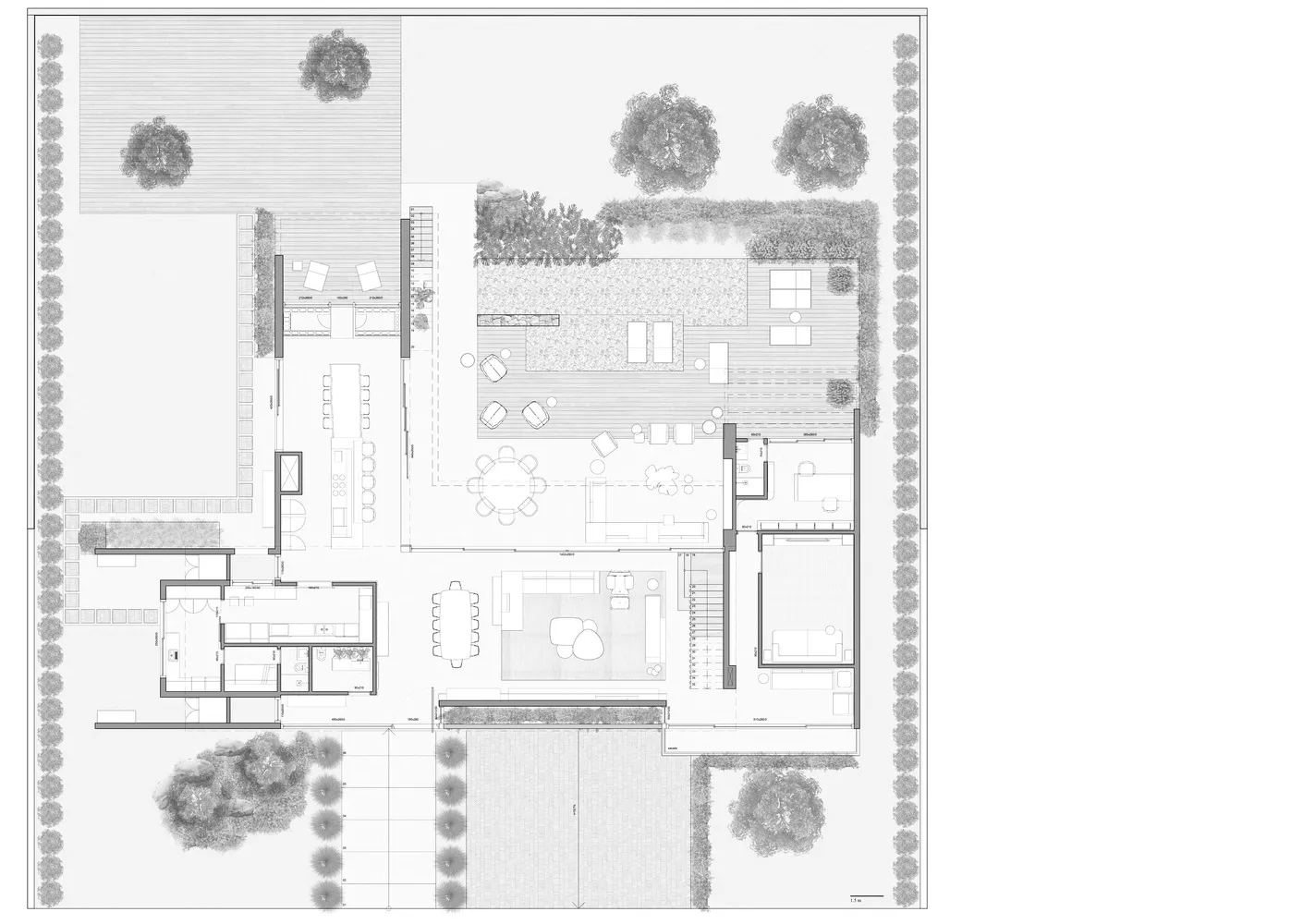 Floor plan of a modern house with concrete, glass, and wooden surfaces.