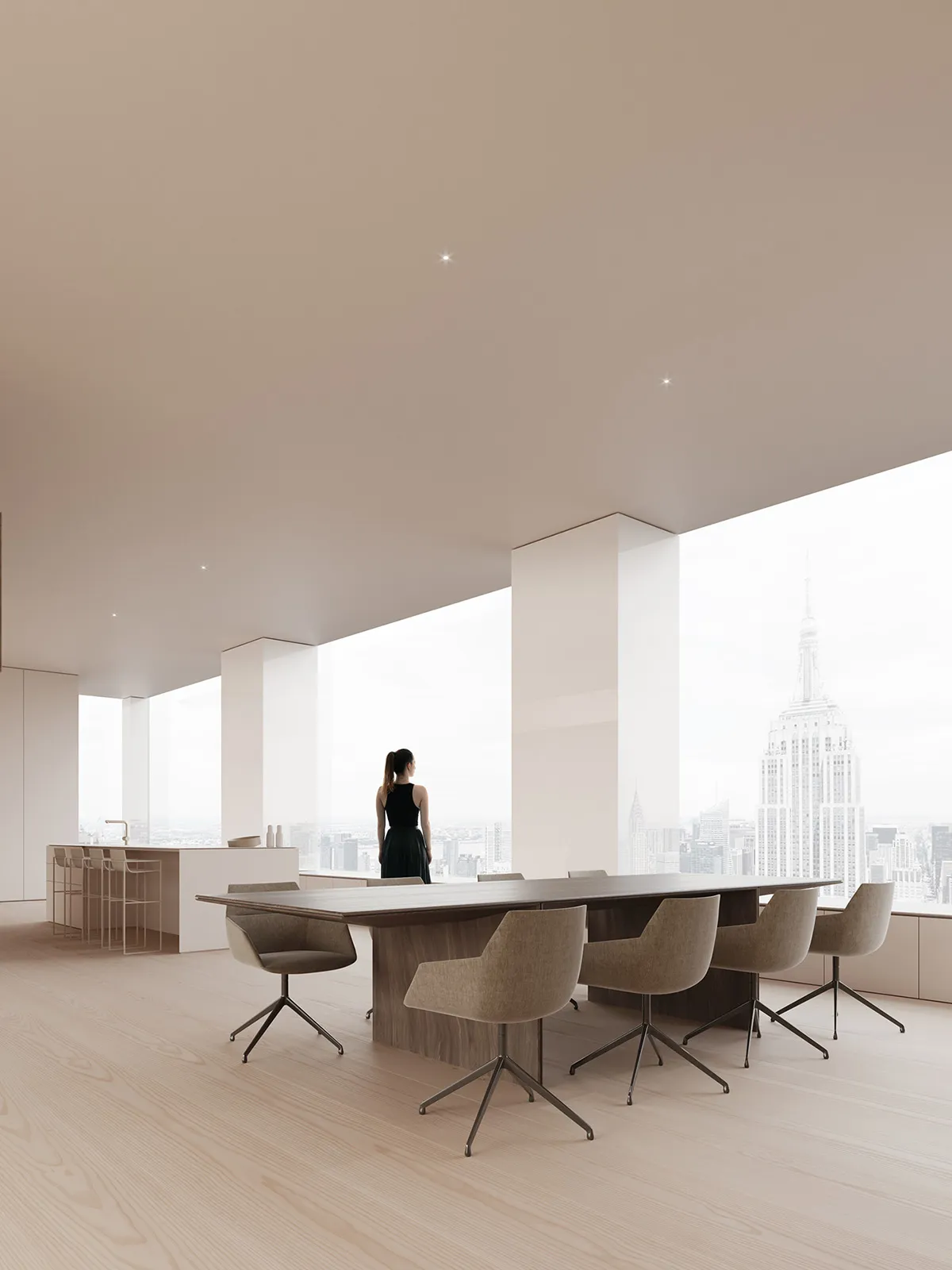 A modern office space featuring a large table with wooden chairs and a glass partition.