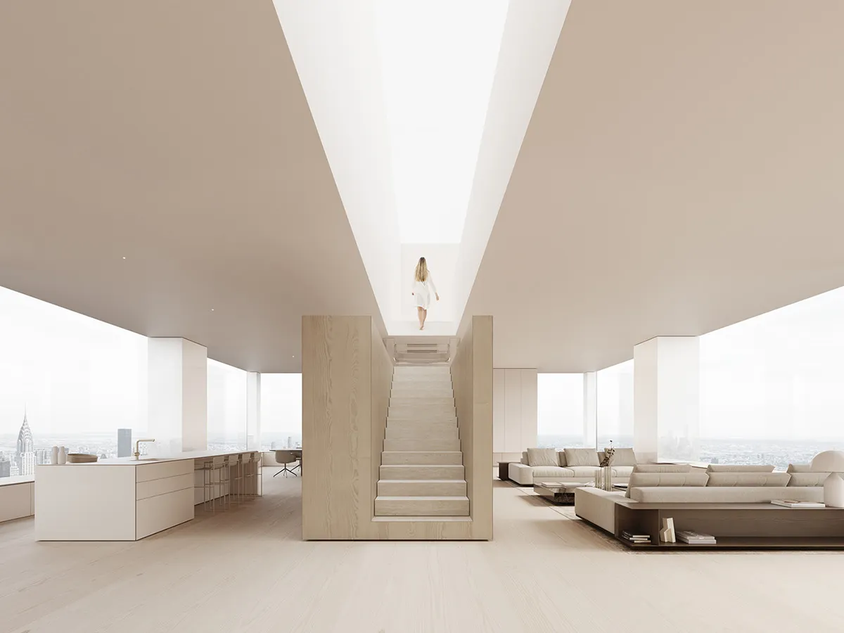 A minimalist residential interior featuring marble, wood, and glass materials.