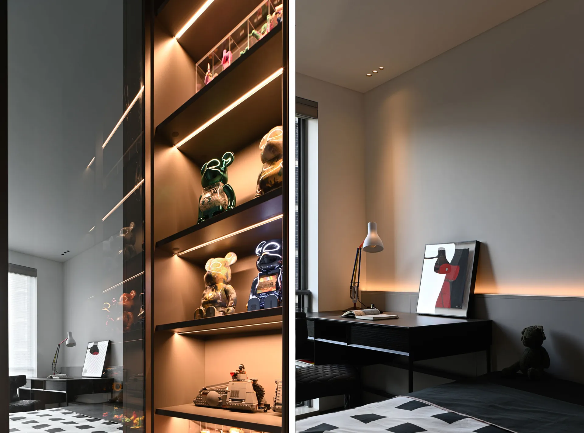 A modern bedroom featuring contemporary lighting and bright, modern materials.
