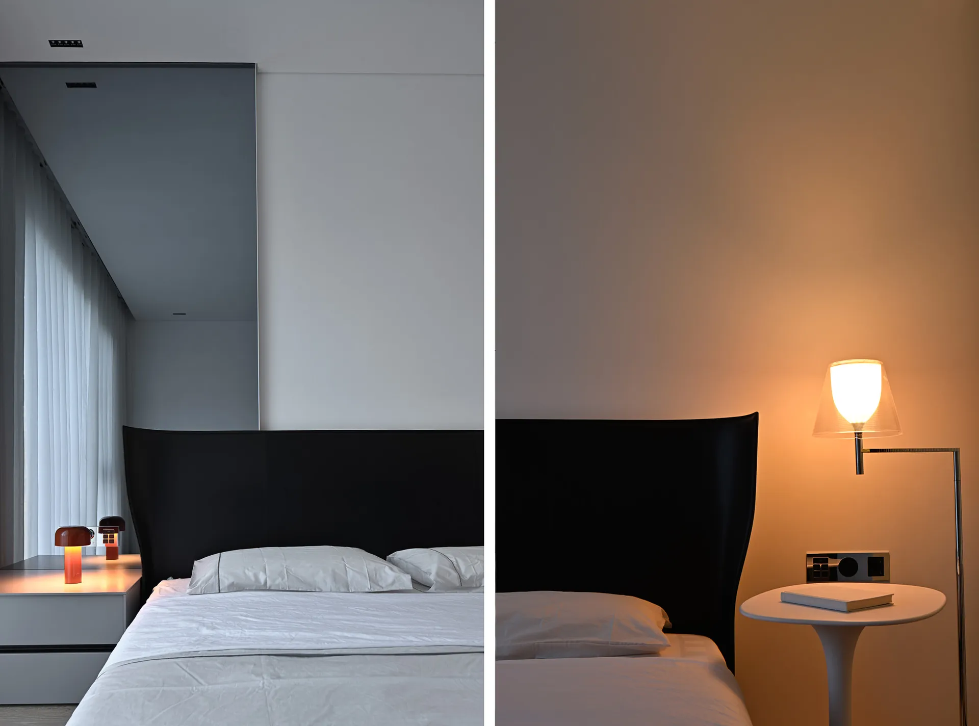 Bedroom with a minimalist design featuring neutral materials and a modern aesthetic.
