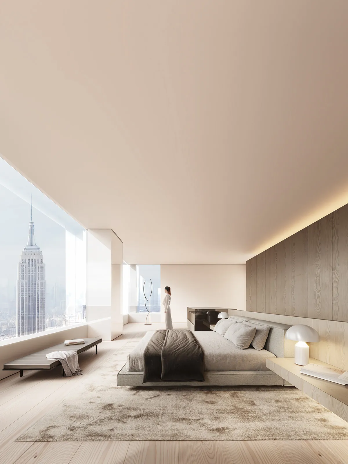 A modern minimalist bedroom featuring a wooden platform bed, a large window overlooking the city, and sleek, minimalist furni