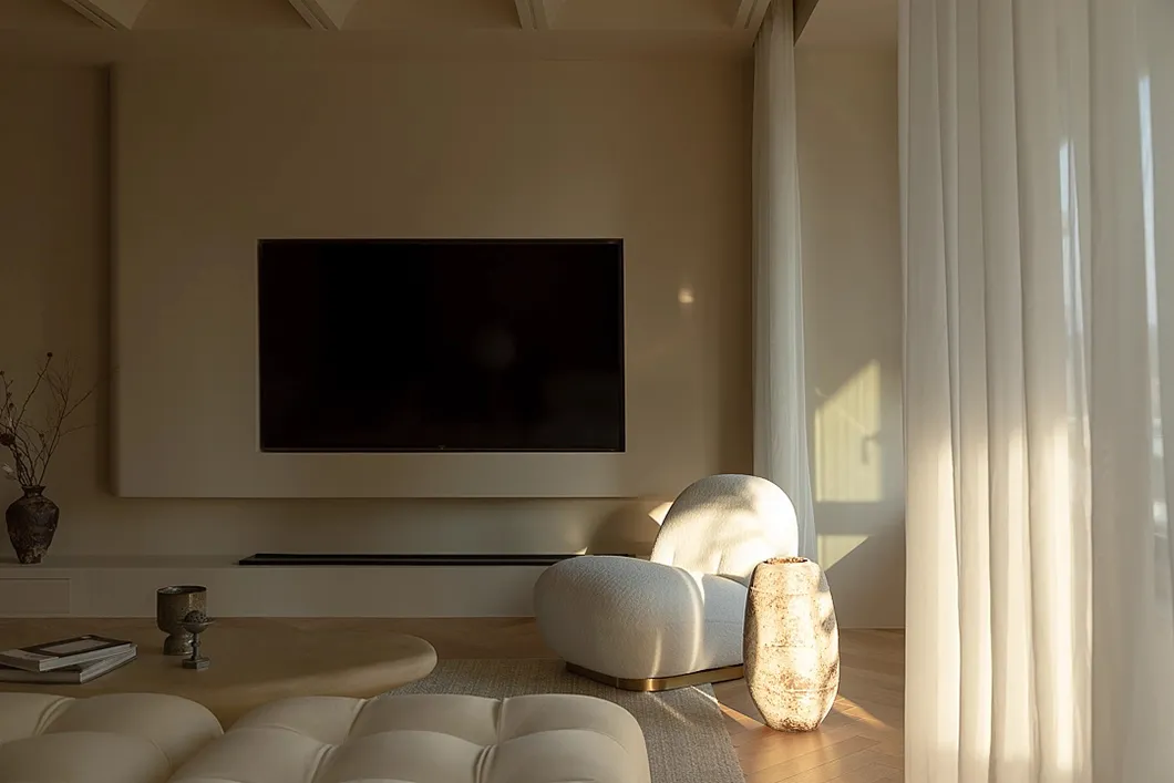 A modern minimalist living room with neutral colors and a large television mounted on the wall.