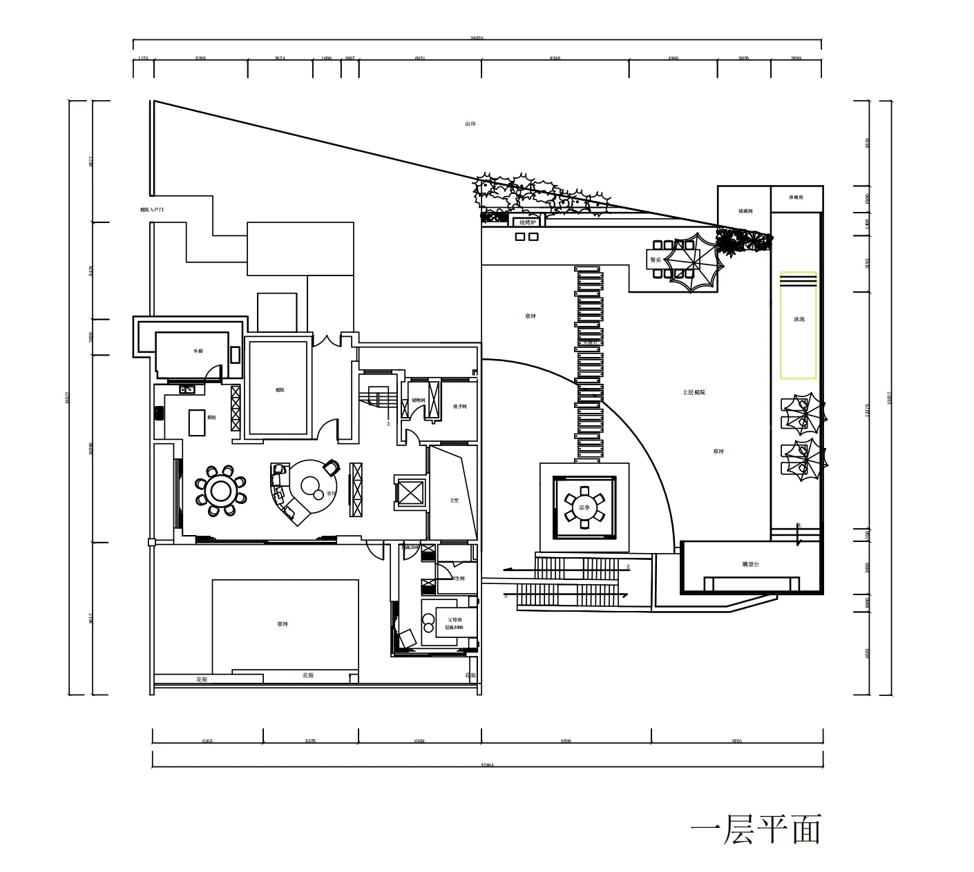 A detailed architectural floor plan of a house, showcasing various sections and dimensions.