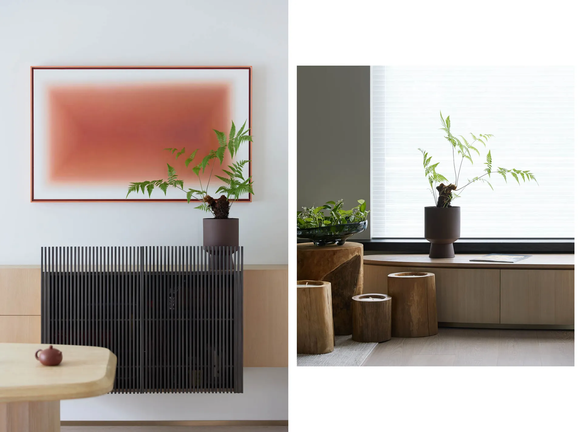 A minimalist interior design featuring modern wooden and metal furniture and decor elements.