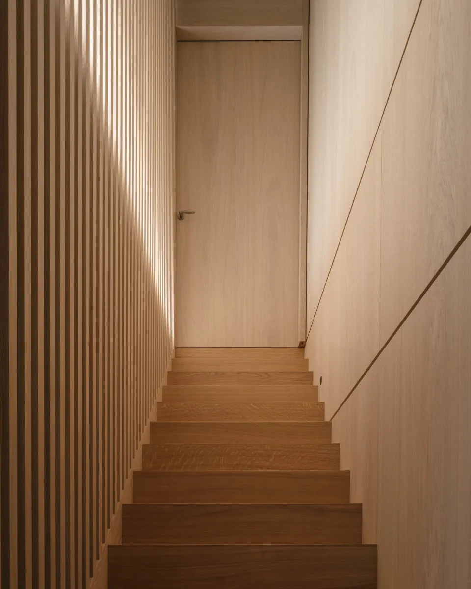 Modern wooden staircase with light wall and door.