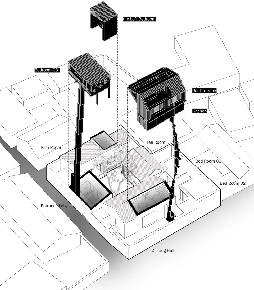 工業風住宅室內的3D建築平面圖,呈現鋼材與混凝土元素。