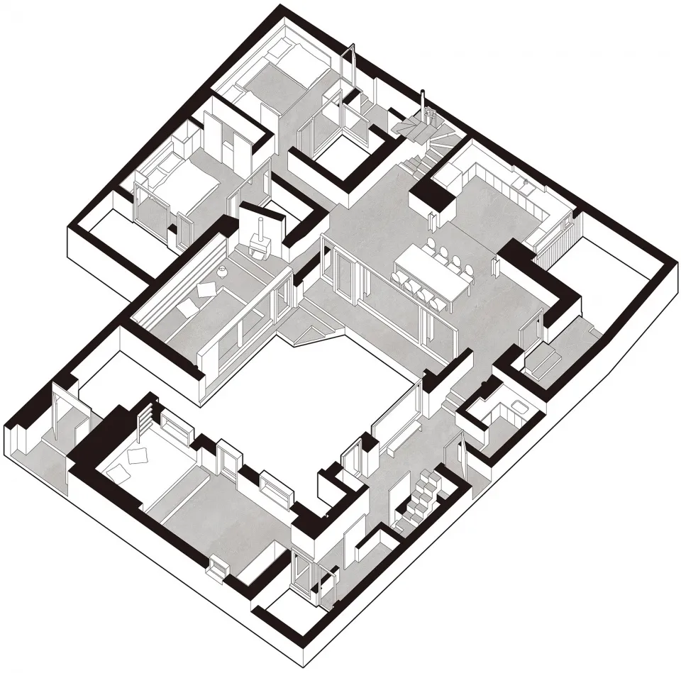Isometric view of a modern residential floor plan highlighting the layout and design features.