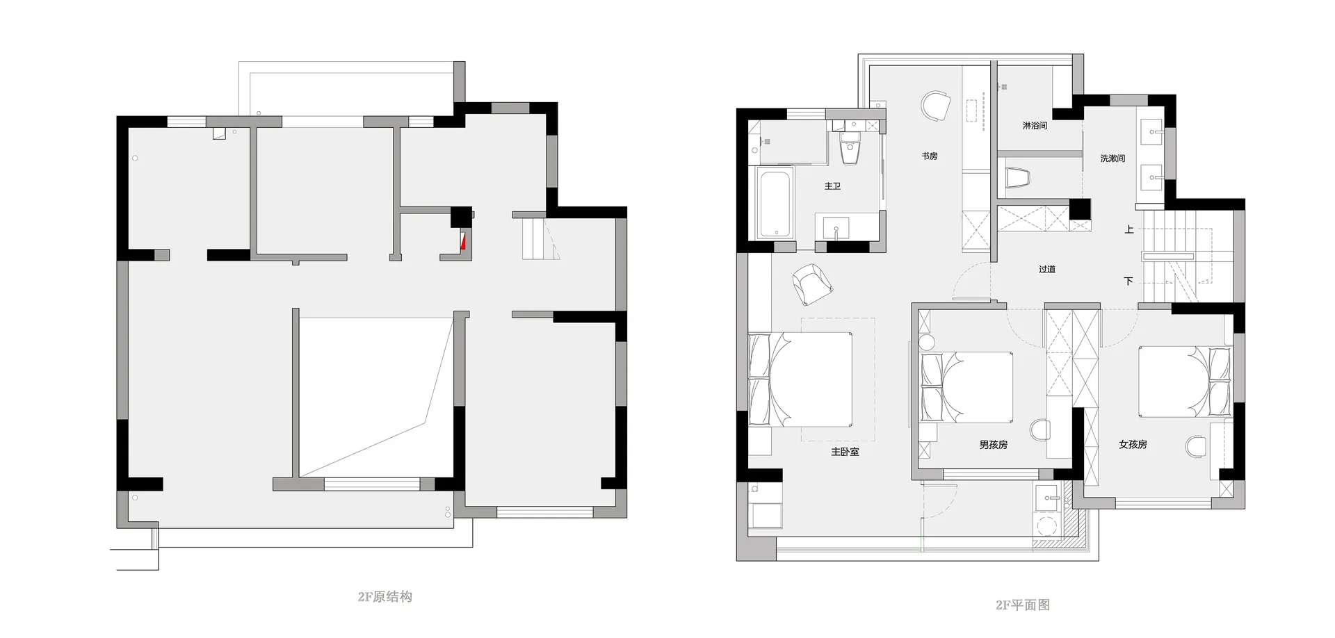 A modern two-bedroom flat floor plan showing various rooms, including living room, kitchen, bedrooms, and bathrooms.