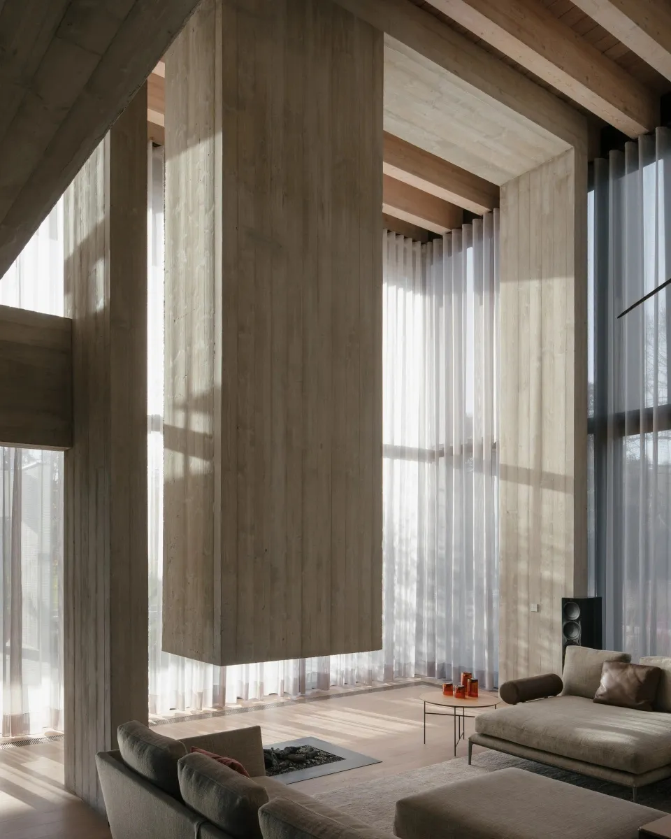 Minimalist living room featuring wood, concrete, and transparent textiles.