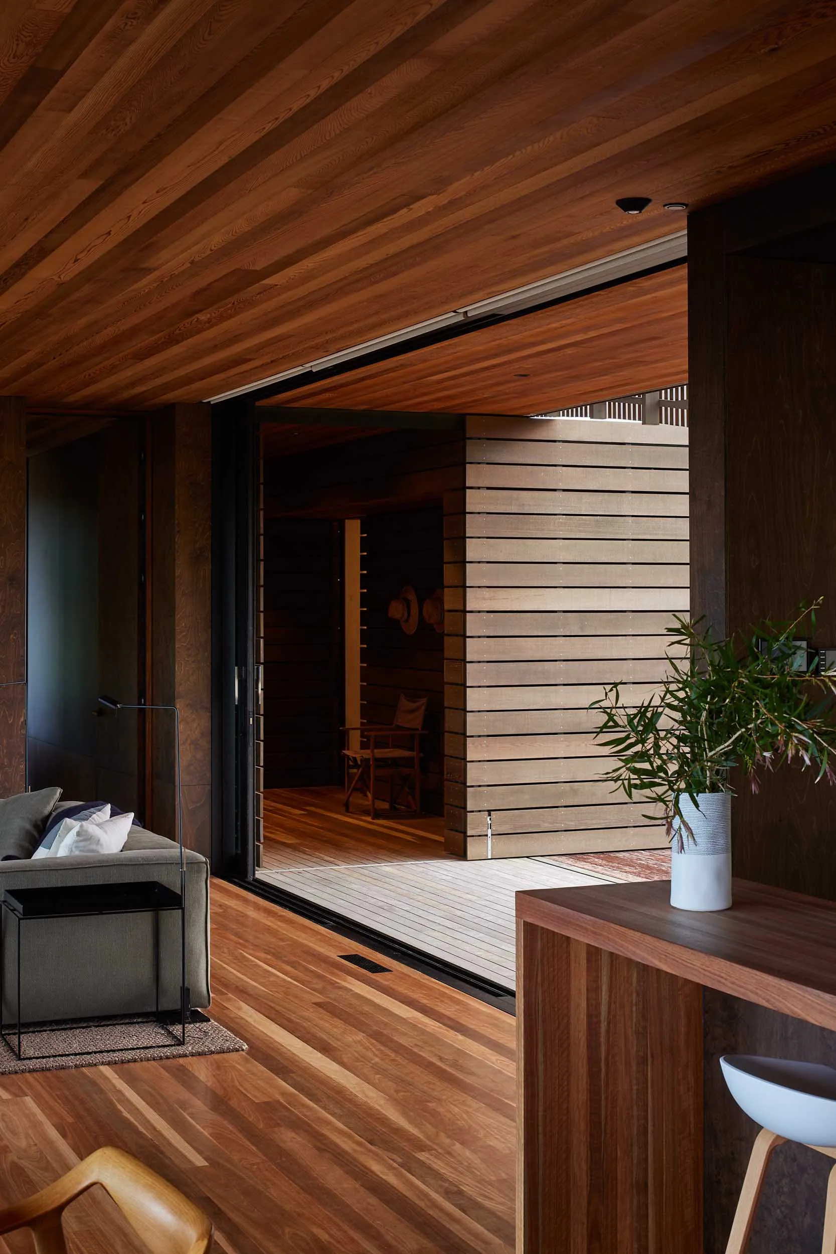 Interior design featuring dark wood floors and walls with a modern aesthetic