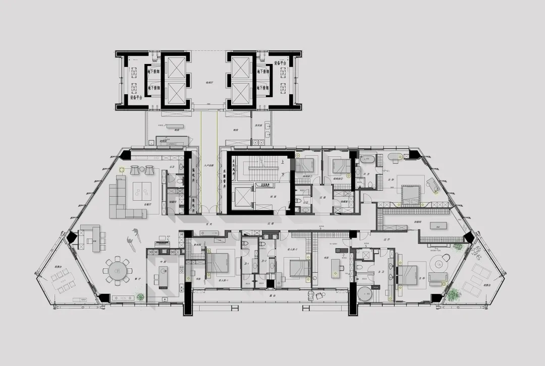 Floor plan of a modern residential building, showing multiple rooms and open spaces.