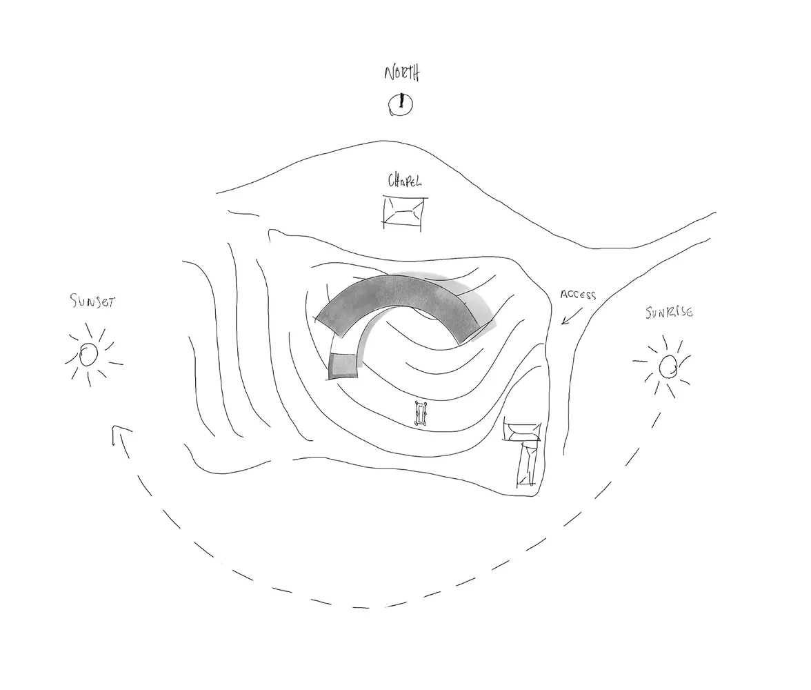 A sketch of a chapel at sunrise and sunset, featuring stone architecture and a circular design.