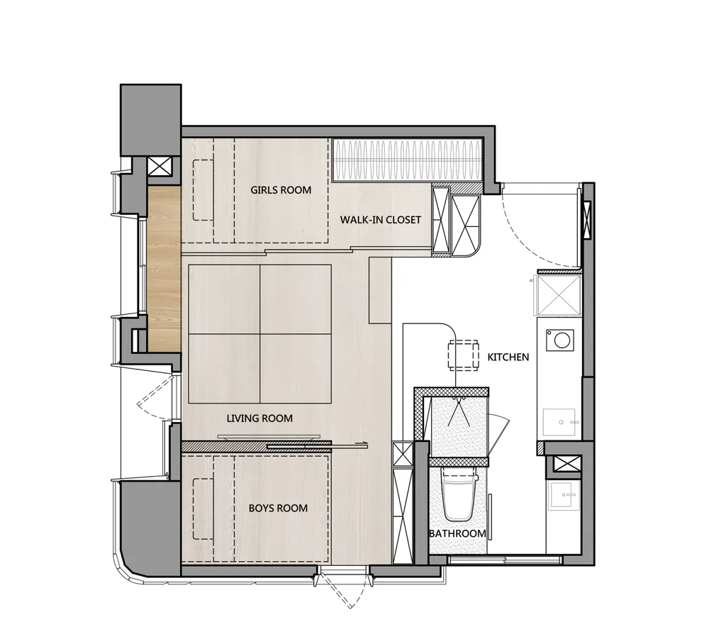 Floor plan of a residential house showing living room, kitchen, bathroom, kids' bedrooms, and walk-in closet.