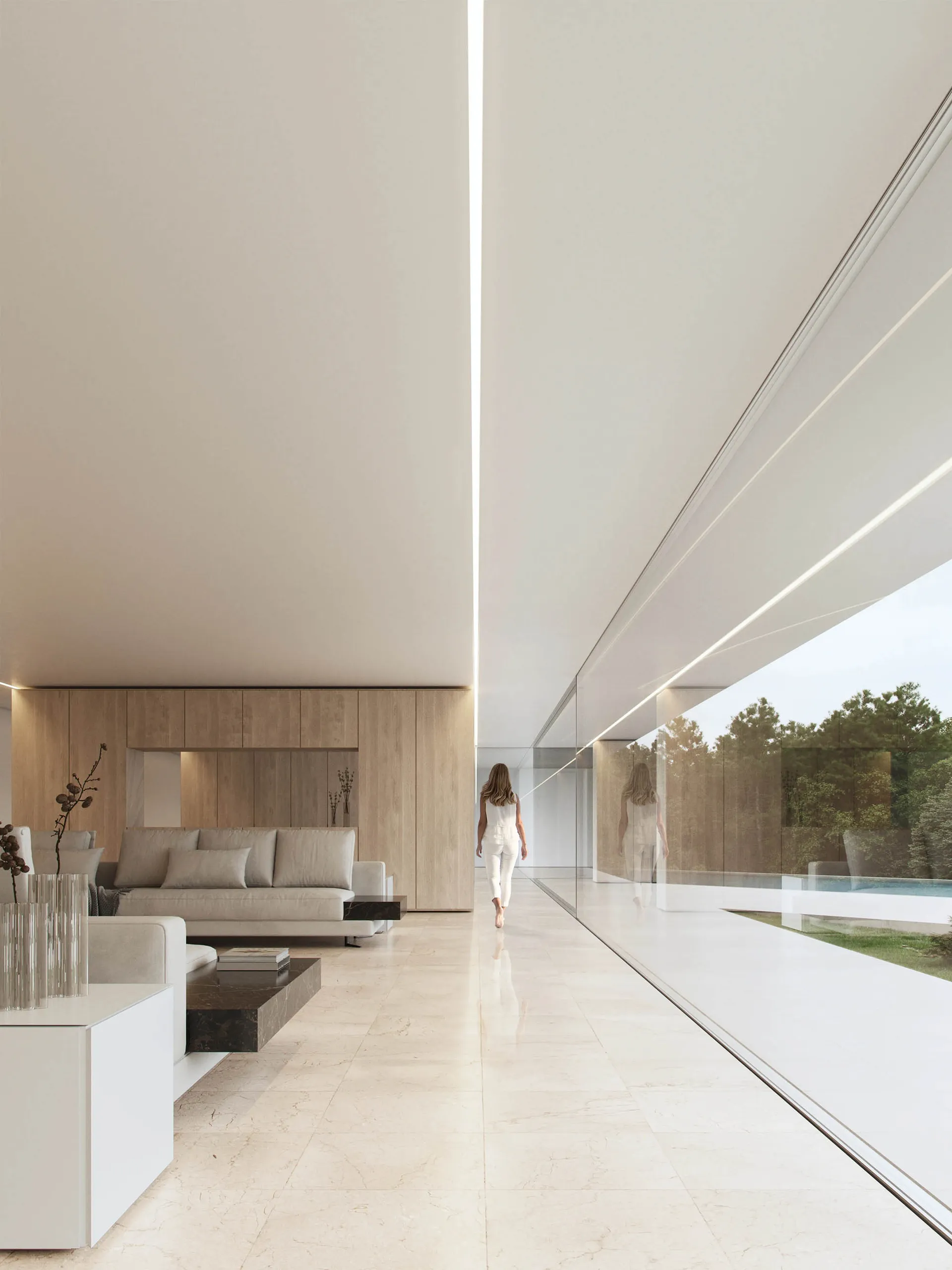 A modern minimalist living room with marble finishes and large windows.