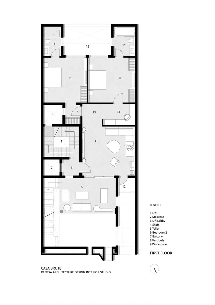 建築一樓平面圖,標示各個房間與空間。
