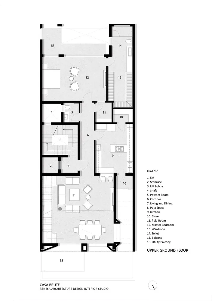A detailed 2D architectural drawing of a residential interior floor plan showcasing contemporary design elements.