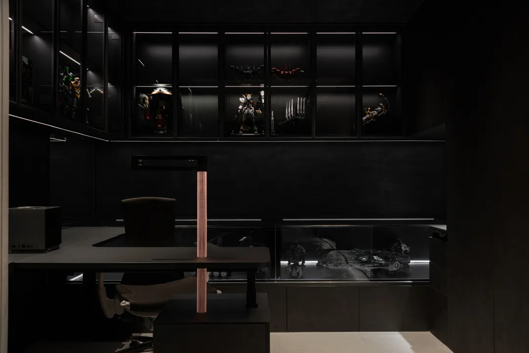 Modern industrial desk studio with black stone and metallic elements