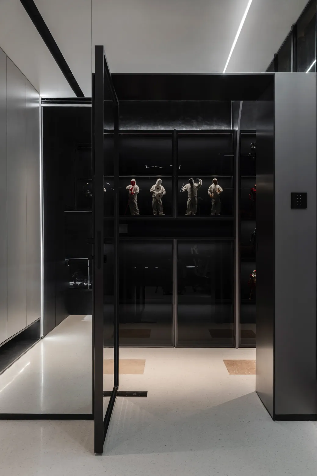 Industrial-style corridor with glass and steel elements