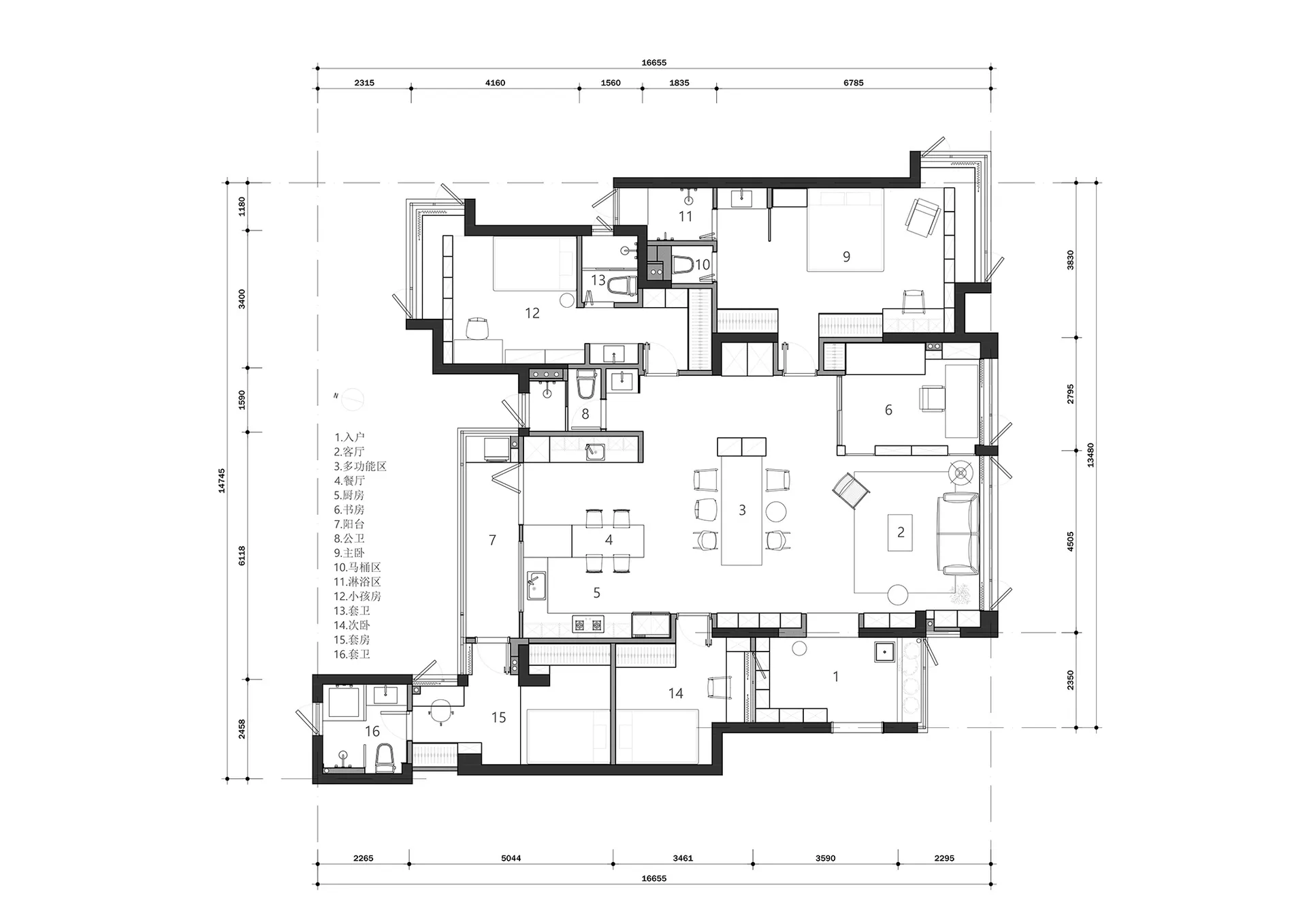Floor-plan diagram depicting the layout of a modern interior space with detailed dimensions and room labels.