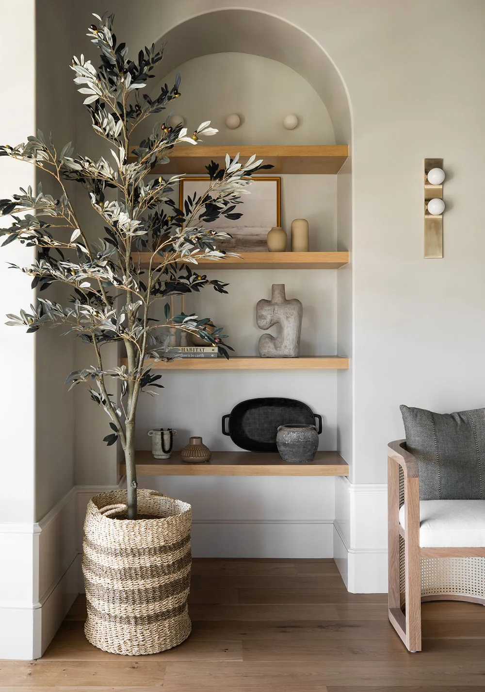 A minimalist living room with wooden shelves, a potted plant, and a comfortable seating area.