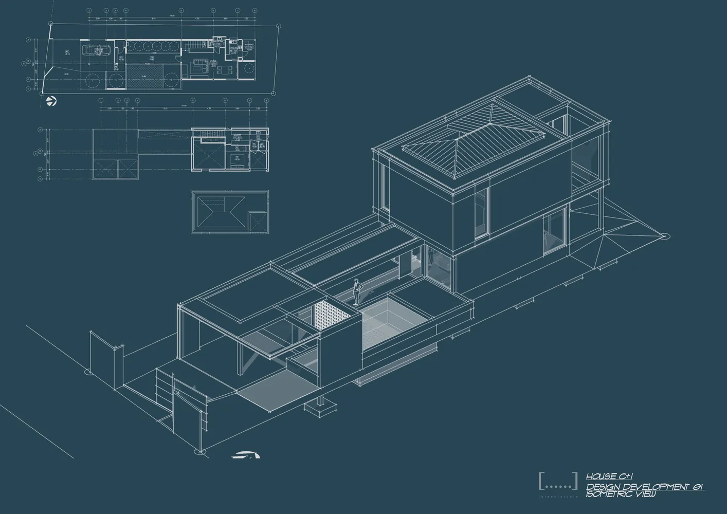 A modern architectural design featuring glass, steel, and concrete materials, rendered as an isometric view.