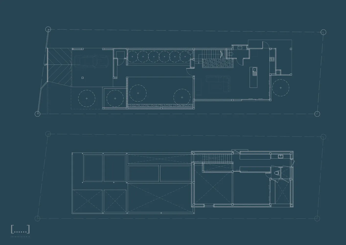 A detailed blueprint of a modern contemporary architectural floor plan featuring various functional zones.