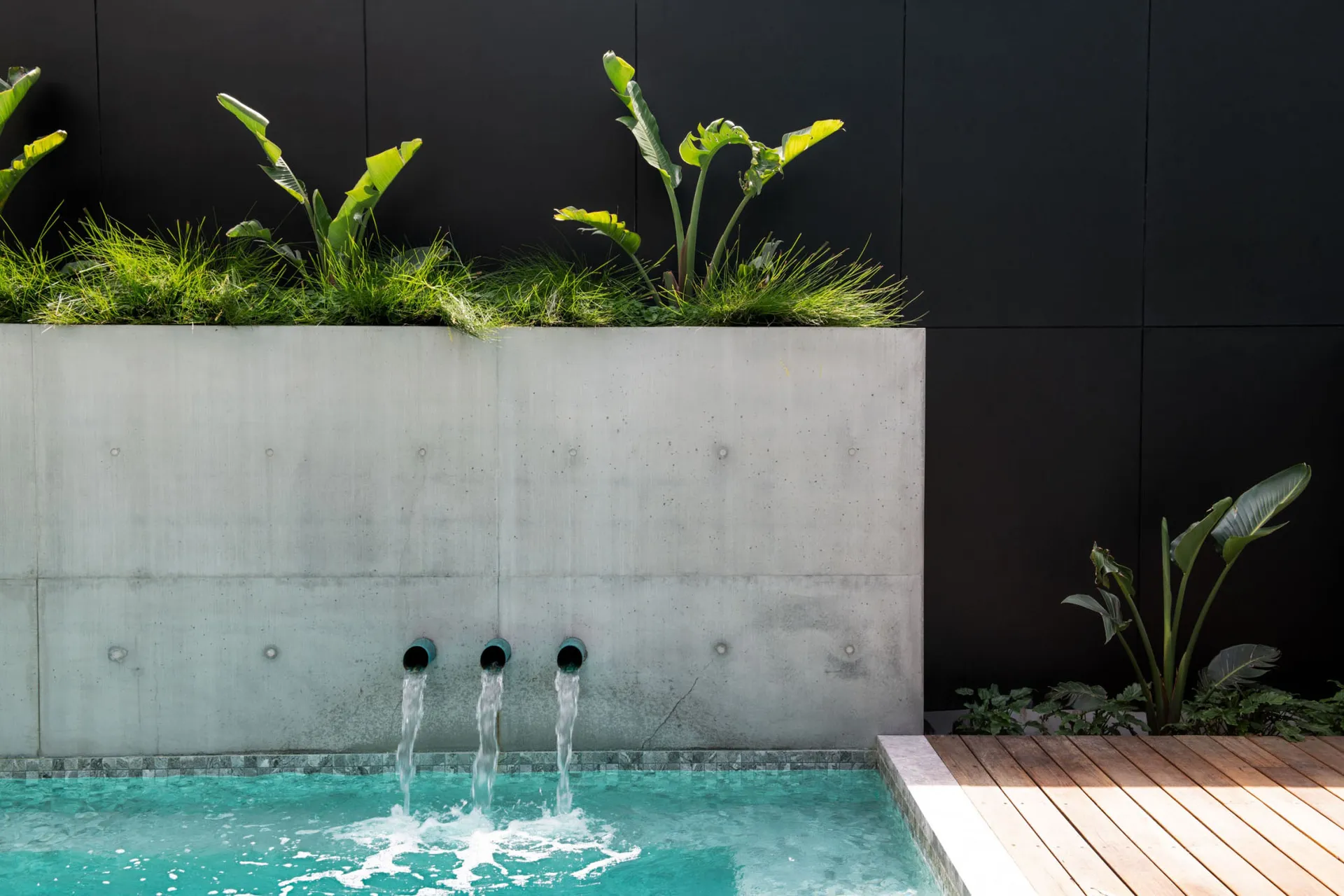 A modern swimming pool with water spouts and a concrete wall, featuring green plants and a wooden deck.