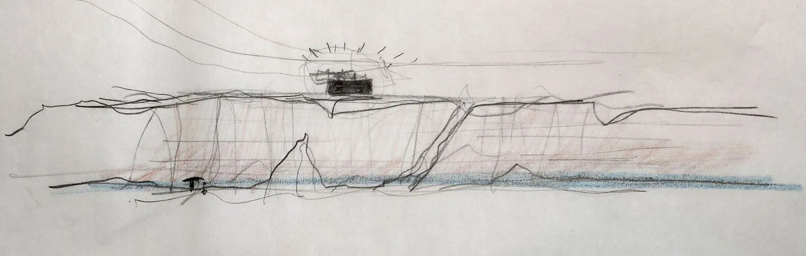 Hand-drawn sketch of a cliff with red and black lines and shapes representing the cliff and surrounding environment.