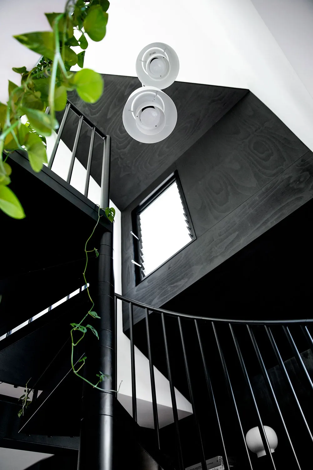 A modern interior staircase with black metallic railings and railings, featuring green vines climbing the sides.