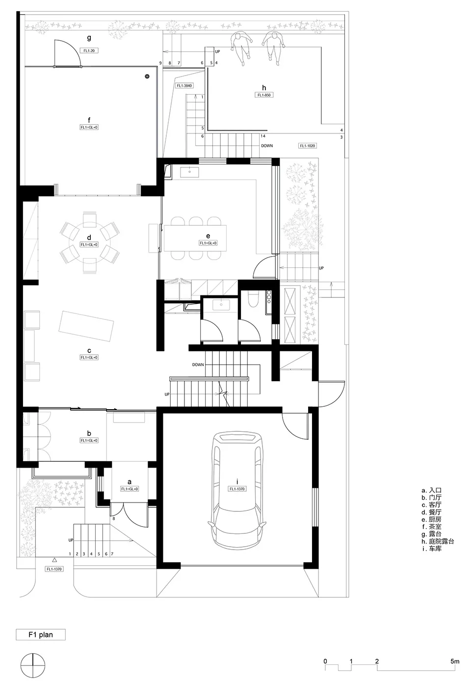 Black and white line drawing of a modern architectural floor plan.