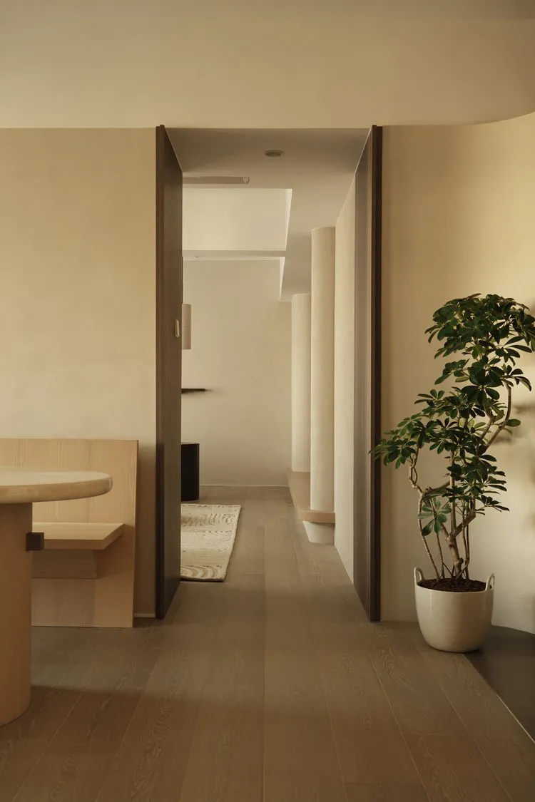 A minimalist living space with wooden floors and a potted plant.