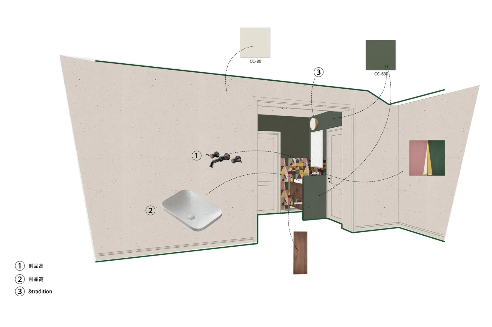 A modern bathroom with a concrete sink, black faucet, and green wall paint.