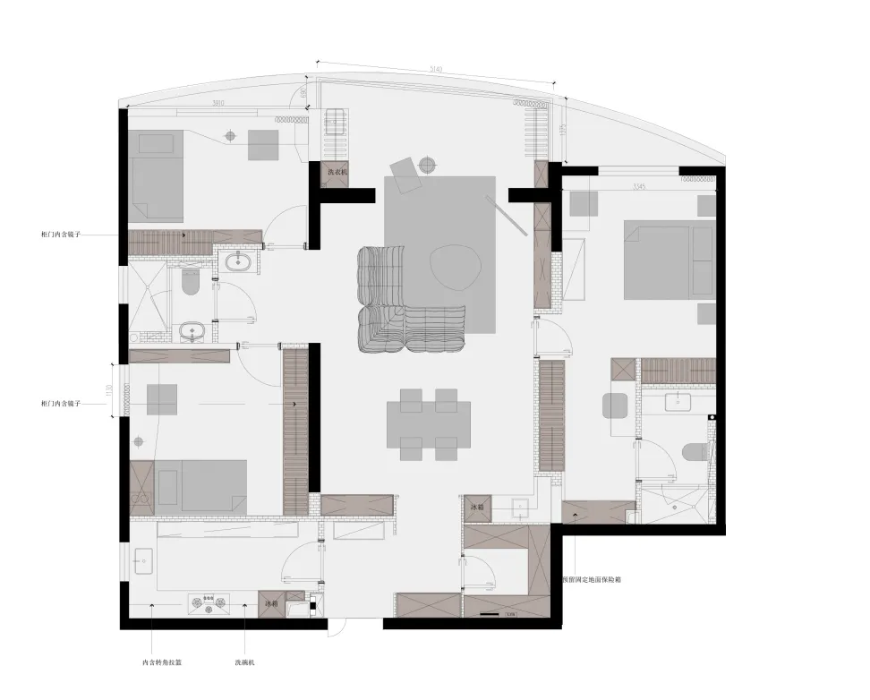 現代建築平面圖，線條簡潔、空間開闊、大型窗戶，搭配極簡設計。