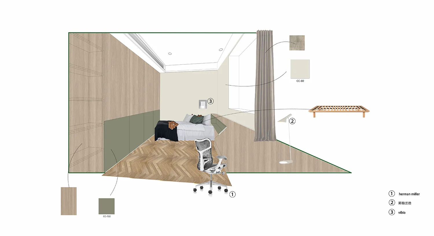 A detailed floor plan of a modern bedroom featuring wooden flooring, a bed, and various furniture items.